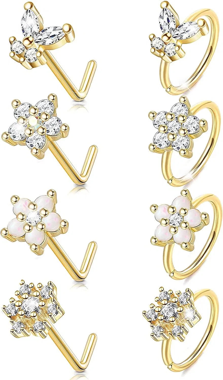 8pcs 20G Blumennase Ringe für Frauen Schmetterling L-Form Nasen Stud Nasenring Schleife Edelschneeflocken Nasen Piercing Schmuck