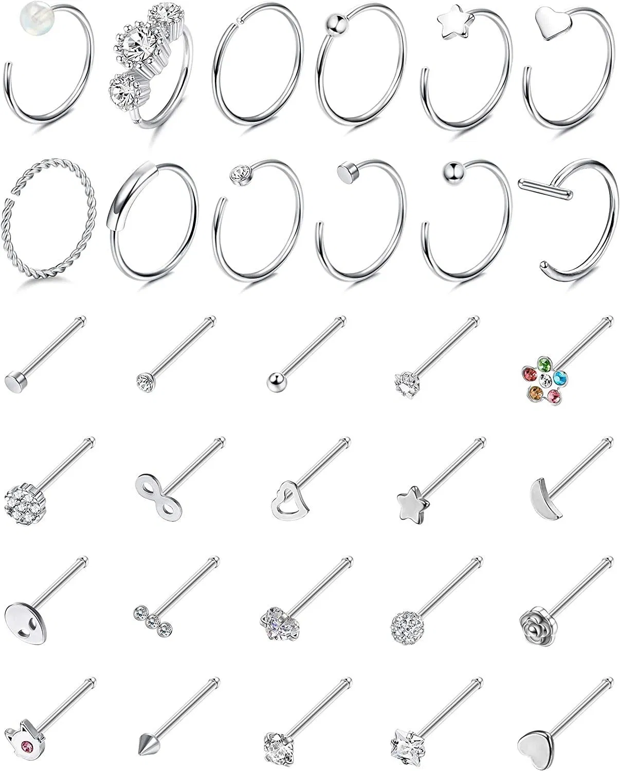 32 Stück 20G Nasenringe für Frauen Männer Edelstahl Nasenring Hoop Knochen L-Form Schraube Nasen Stud Set Silber Plated Nasen Piercing Schmuck