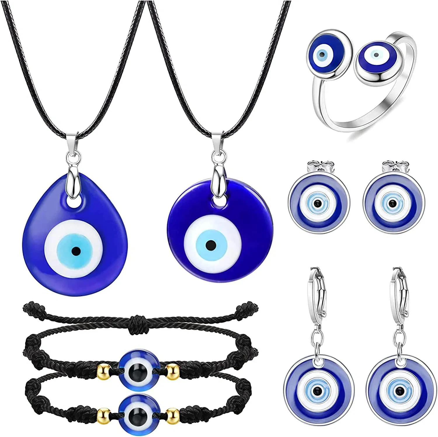 9PCS Evil Eye Kette mit Evil Eye Armband Ring Ohrring Set Hamsa Hand Türkisches Blaues Glas Evil Eye Kette 7 Knoten Evil Eye Kabbala Amulett schützen Glück Armbänder für Frauen Männer