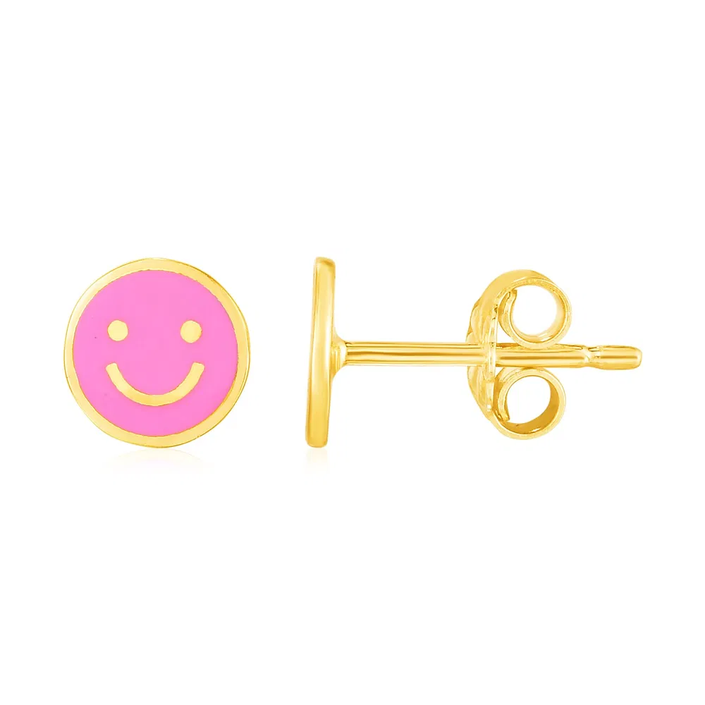 14 Karat Gelbgold und Email Pink Smiley Face Stud Ohrringe (6,8 mm)