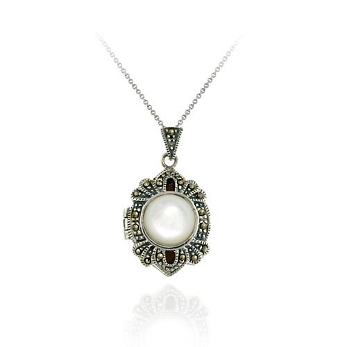 Sterling Silber Mutter von Perlen und Marcasit Locket Anhänger