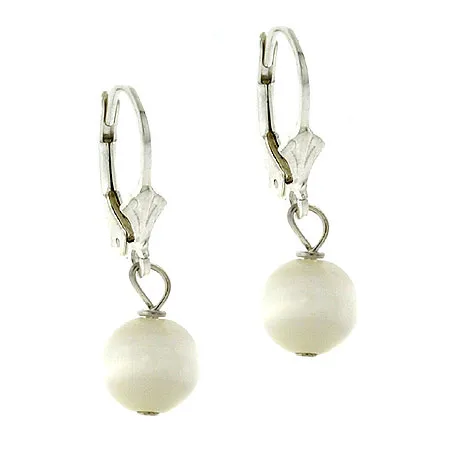 Sterling Silver 8mm White Cats Eye Bead Lever-Back - Ohrringe