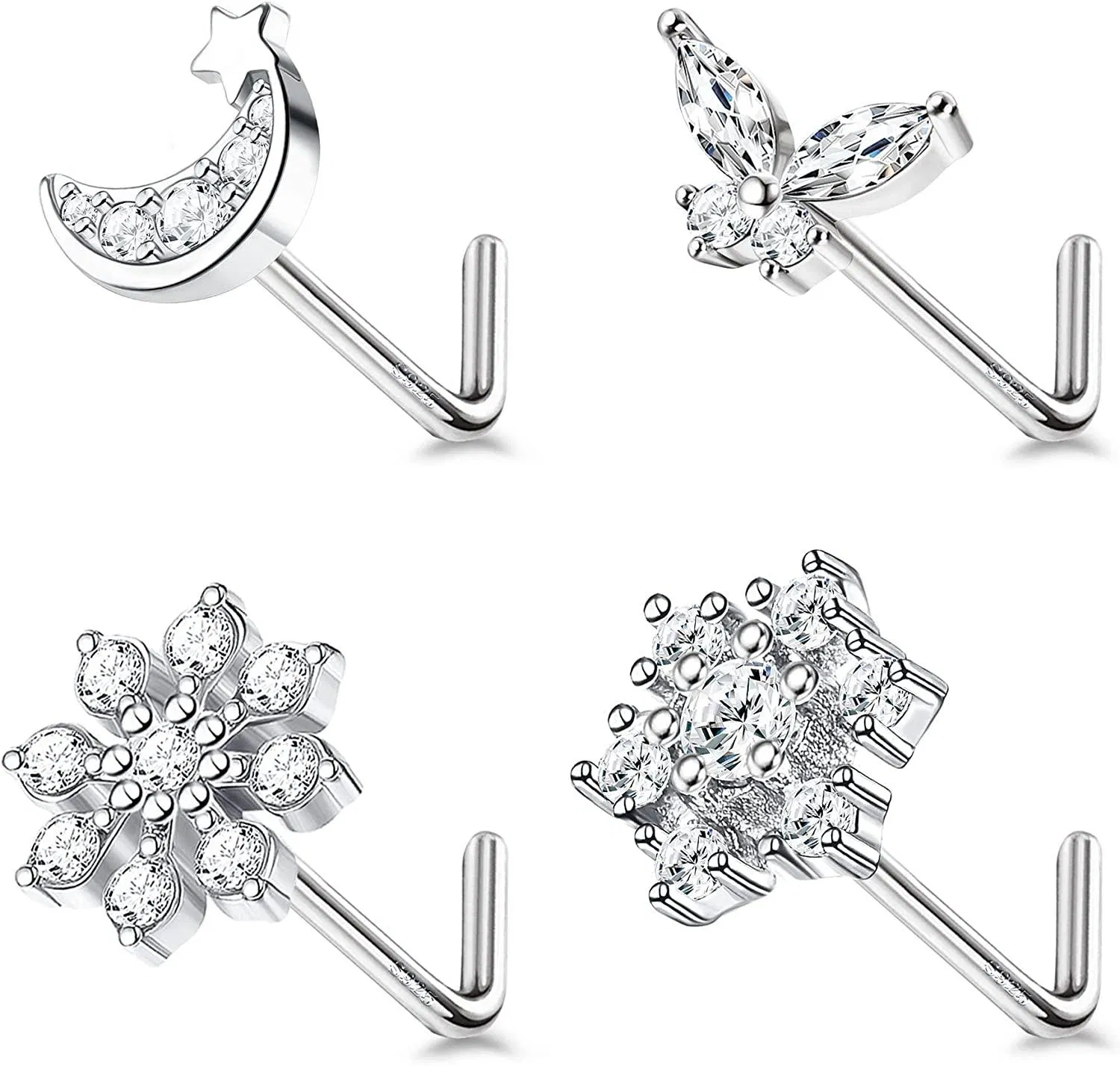 4pcs 925 Sterling Silber Nasen Ringe Stud für Frauen 20G Süße Nasen Studs CZ Schmetterling Blumen Mond Stern Nasen Piercings L Knochen geformt hypoallergen Nasen Piercing Schmuck