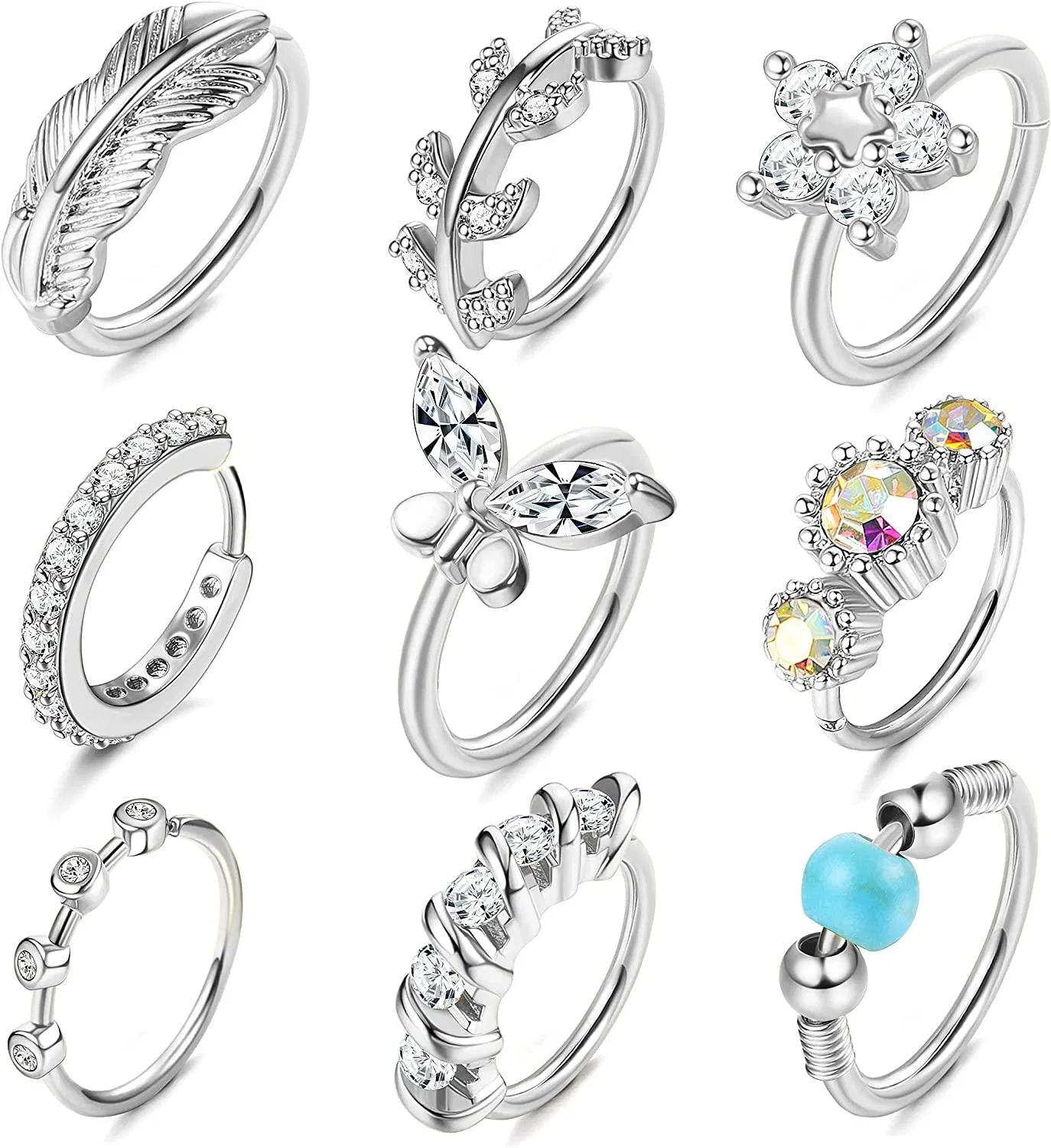 9pcs 20G Nasenringschreifen gepflastert CZ Blumenblatt Schreifen Nasen Septum Ringe Helix Knorpel Ohrringe Ohr Nase Körper Piercing Ring für Frauen Männer