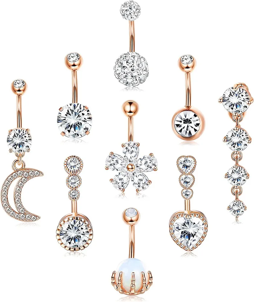 9 Stück 14G Chirurgische Bauchknopfringe für Frauen Umgekehrte gebogene Nabelringe Kubik Zirkonia Herzblume Dangle Barbell Körper Piercing Schmuck