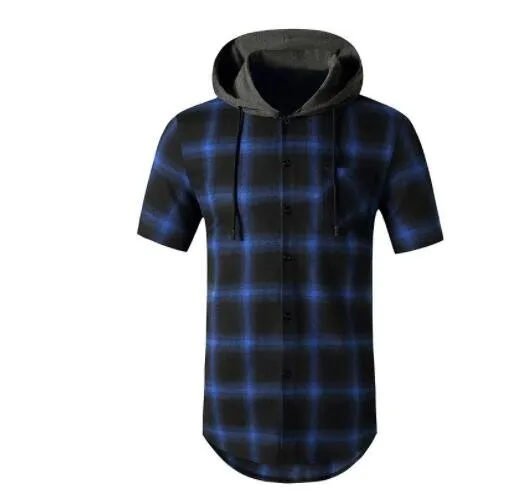 Men Hooded Casual Short Sleeve Plaid Shirt