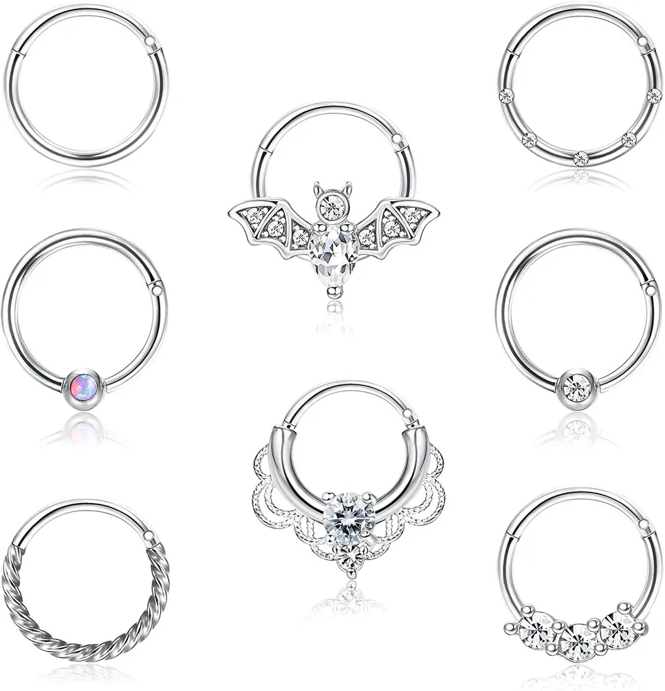 16G Septum Clicker Ringe Edelstahlschleife Scharniersegment CZ Opal Nasenringe für Frauen Knorpel Tragus Schleife Helix Daith Ohrringe Nasen Piercing 8MM