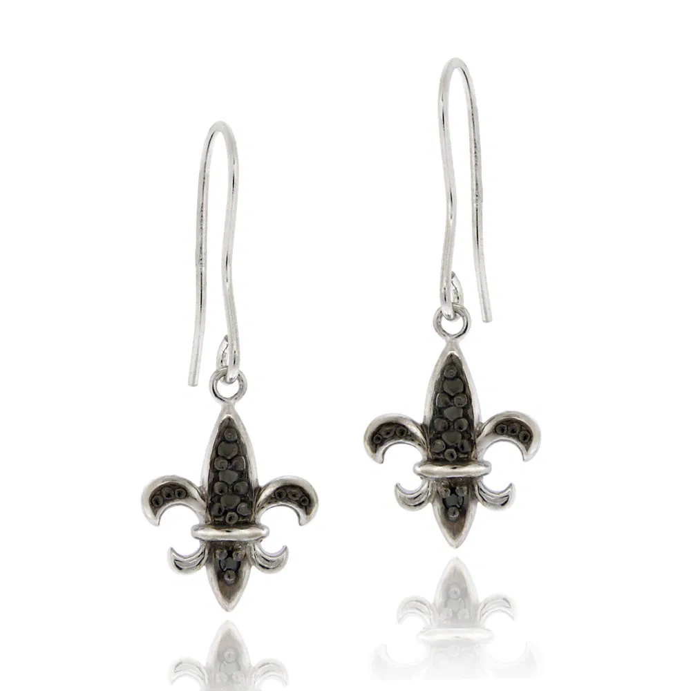 Sterling Silber Schwarz Diamant Akzent Fleur De Lis Dangle Ohrringe