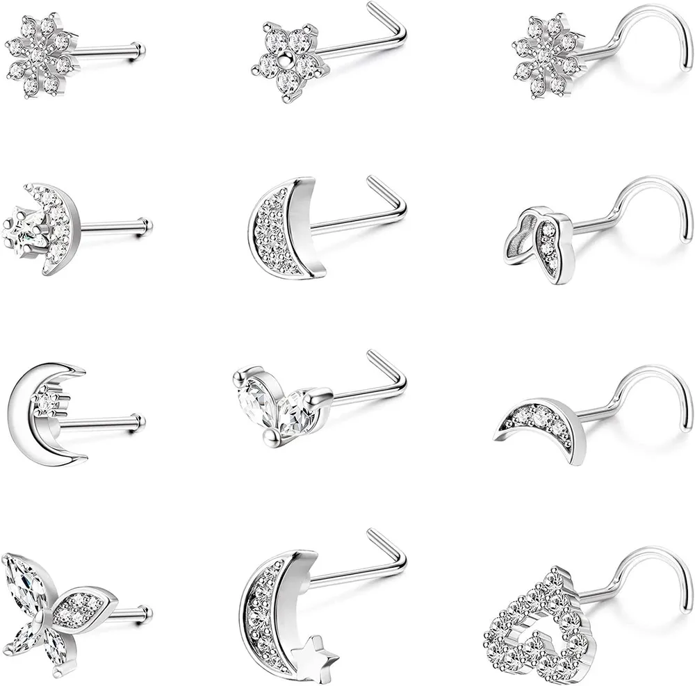 12Pcs 20G Edelstahl Nasenringe Stud L-Form Mond Stern Schmetterlingsblumen Schneeflocken CZ Nasen Körper Piercing Ring für Frauen Männer