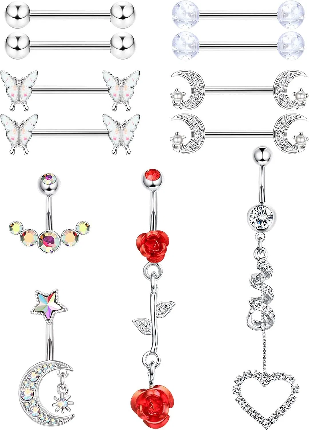 12 Stück 14G Chirurgische Nipple Ringe Bauchknopfringe für Frauen Nabel Nipple Set Schmetterling Nipple Ringe CZ Mond Bauchringe Barbell Nipple Piercing Schmuck