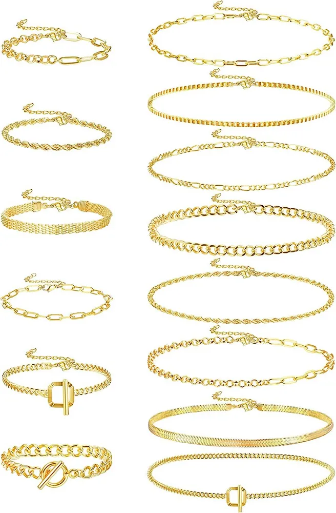 14 Stück Silber / Gold Kette Halskette und Armbänder Set für Frauen 14k Gold Dainty Paperclip Link Chain Choker Halskette Chunky Flat Snake Chain Armband Schmuck