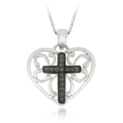 Sterling Silber Schwarz Diamant Akzent Herz W / Kreuz Anhänger