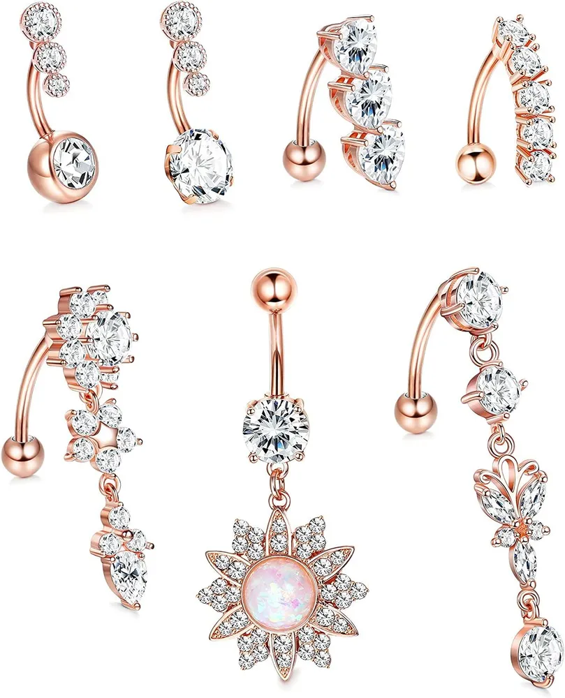 7 Stück Dangle Bauchknopfringe für Frauen Chirurgisch Clear CZ Barbell Bauchringe Piercing Rückwärts gekrümmter Nabelring Körper 14G