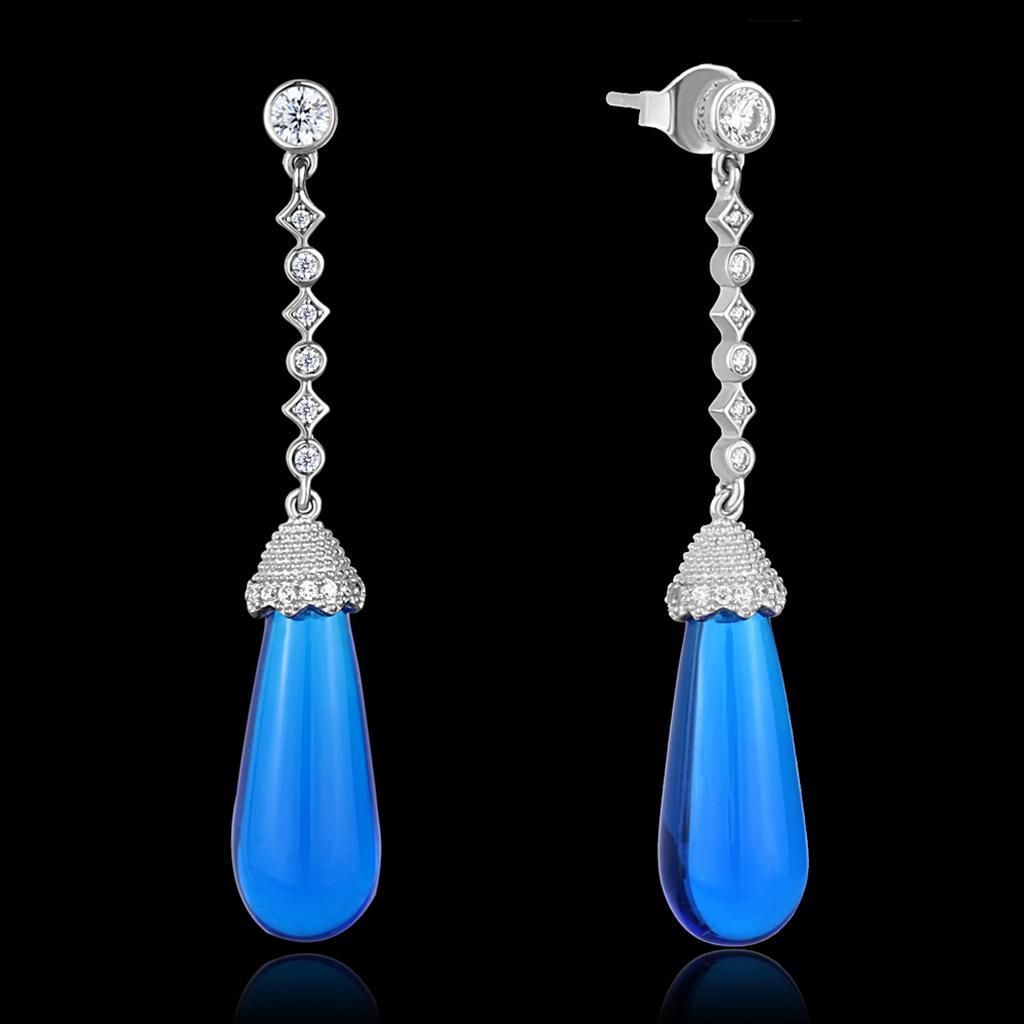 TS436 - Rhodium 925 Sterling Silber Ohrringe mit synthetischem Synthetischglas in Capri Blau