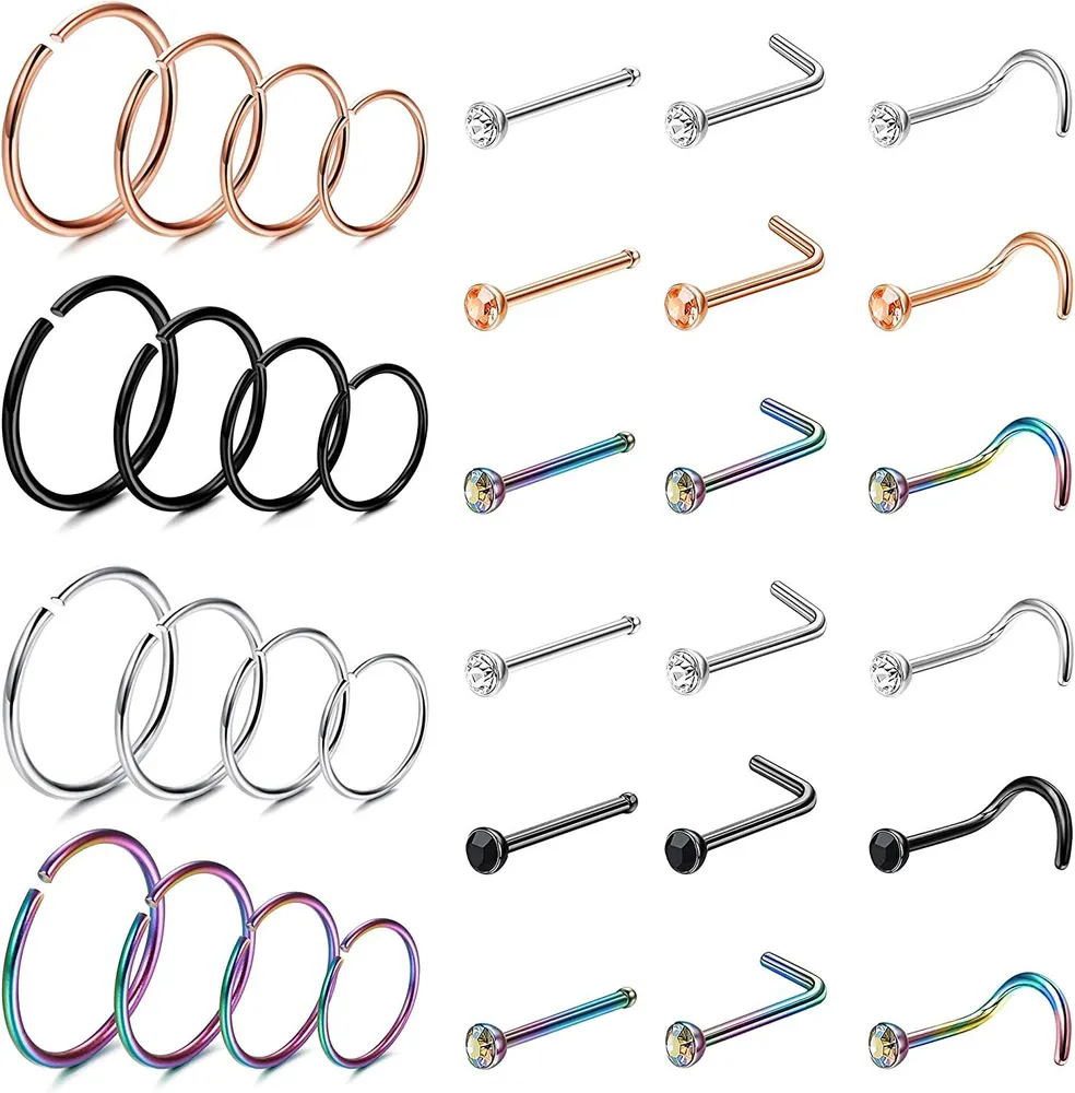 34 Stück Nasenring Schleife für Frauen Nose Piercings Edelstahl Nasenknochen L-geformte Schraube Nasen-Stuck - Set-Ringe für Frauen Männer