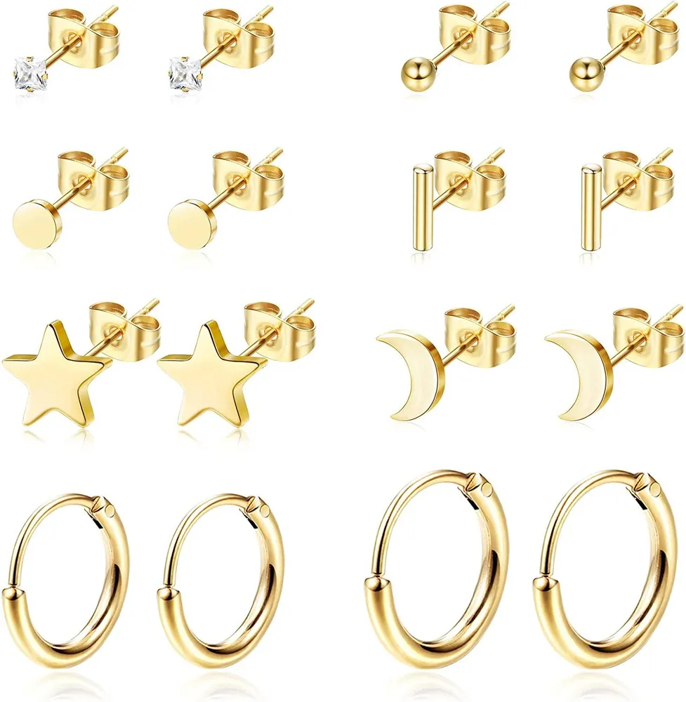 8 Paare Edelstahl Stud Ohrringe Set für Frauen Minimalist Tiny Small Hoops Ball Dot CZ Bar Star Moon Studs Knorpel Ohrringe Set