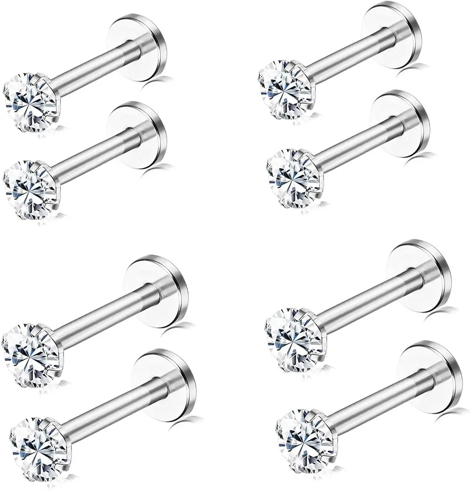 4paare Labret Monroe Lippenringe 3mm Runde Kristalle von Swarovski Hypoallergen 316L Edelstahl-Lippen - Stud Muscheln Knorpel Helix Tragus Ohr Piercings Set 6mm & 8mm Bar
