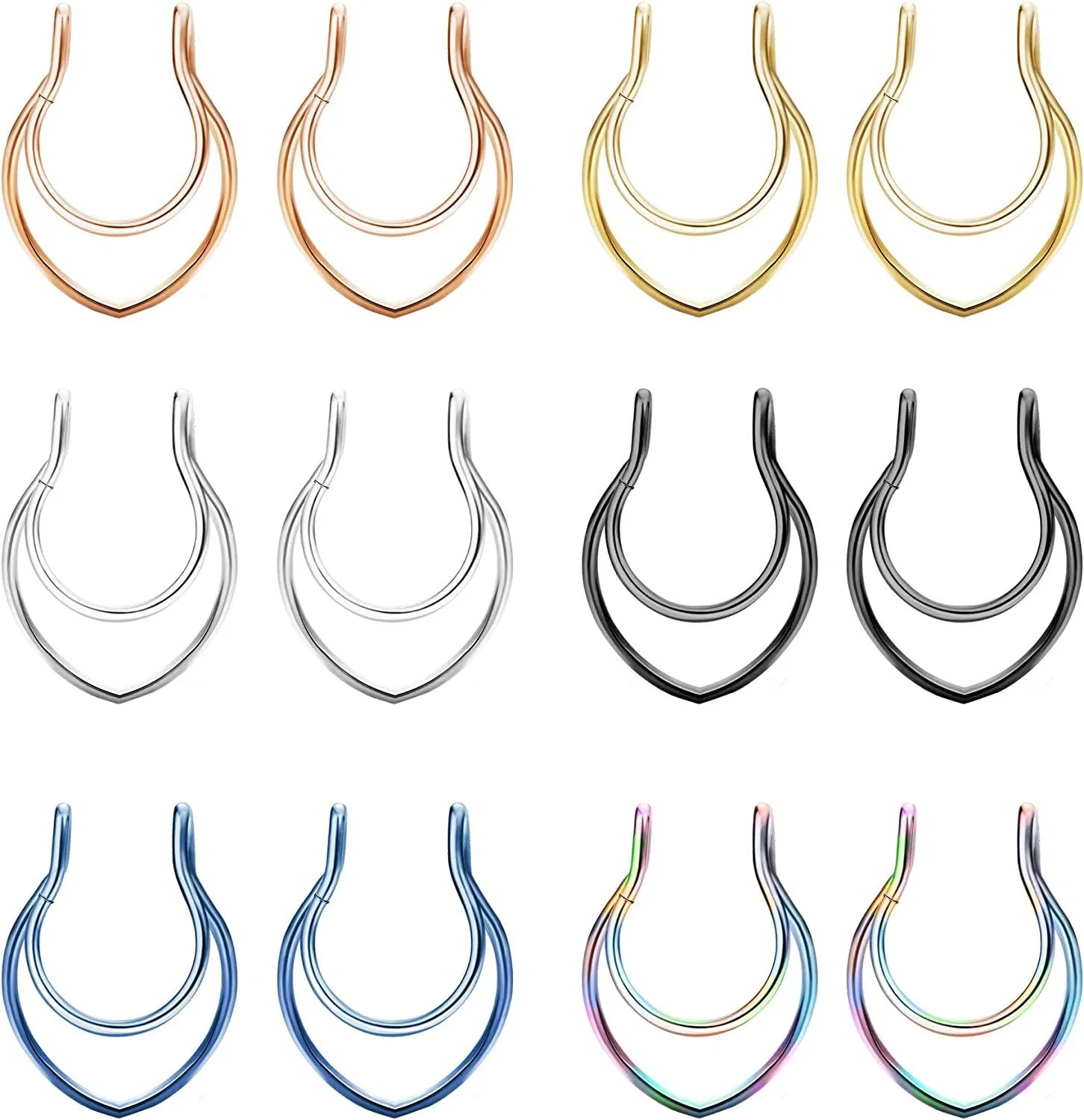 12Pcs Fake Septum Ring Edelstahl Fake Septum Nasen Ringe Doppel-Hoop - Clip auf Hufeisen Bull CZ Nasen Ring Hoop für Männer Frauen Nicht-Piercing - Schmuck
