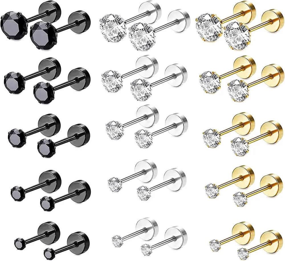 15 Paare Edelstahl CZ Stud Ohrringe Schraube Flat Back Barbell Knorpel Piercing Ohrringe für Frauen Männer