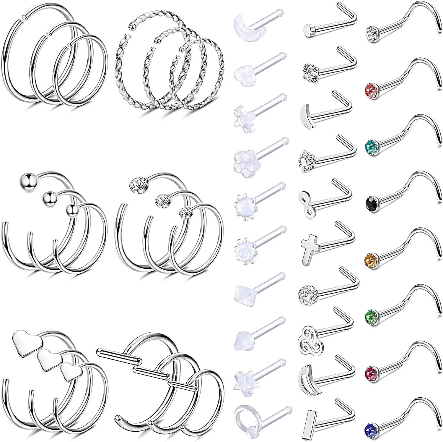 48Pcs 20G Chirurgische Stahl Nasenringe Stud Hoop Nasenringe für Frauen Männer Schraube L-geformte Knochen Acryl Clear CZ Inlaid Opal Cute Nasenringe