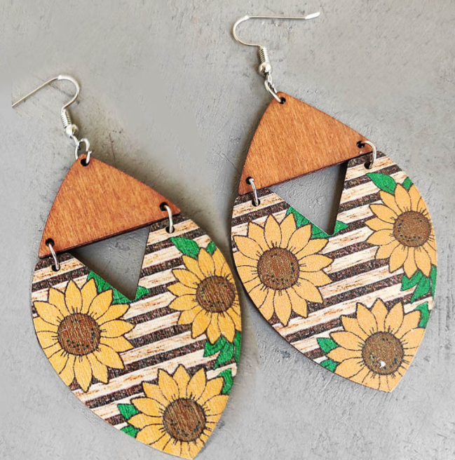 Bohemian Stripe Large Floral Patchwork Holz Ohrringe