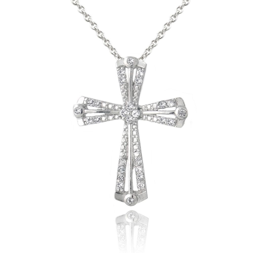 Sterling Silber Weiß Topaz Ribbon Kreuz Halskette