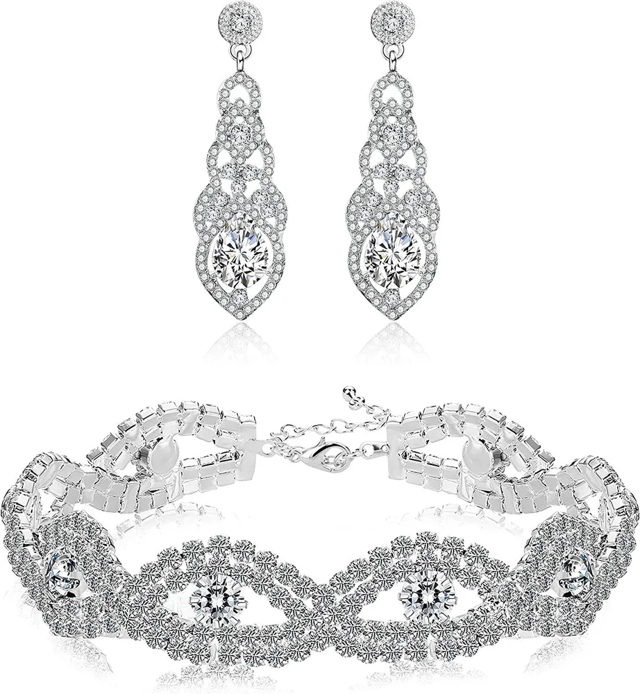 Brauthochzeit Schmuckset für Frauen Armbänder und Dangle Tränentropfen Ohrringe Set für Frauen Schmuck mit klaren Kristallen gemacht