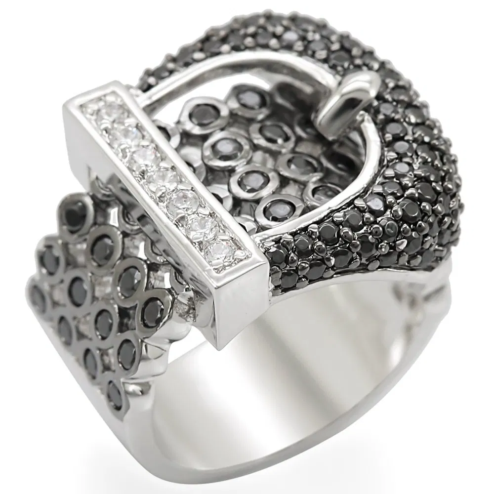 1W048 - Rhodium + Ruthenium-Brass Ring mit AAA-Klasse CZ in Schwarzem Diamant