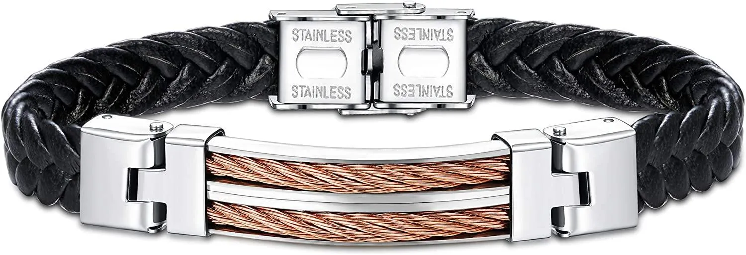 Lederarmband für Männer Klassisches handgefertigtes geflochtes Manschettenarmband mit poliertem magnetischem Edelstahl-Schließung in Silber