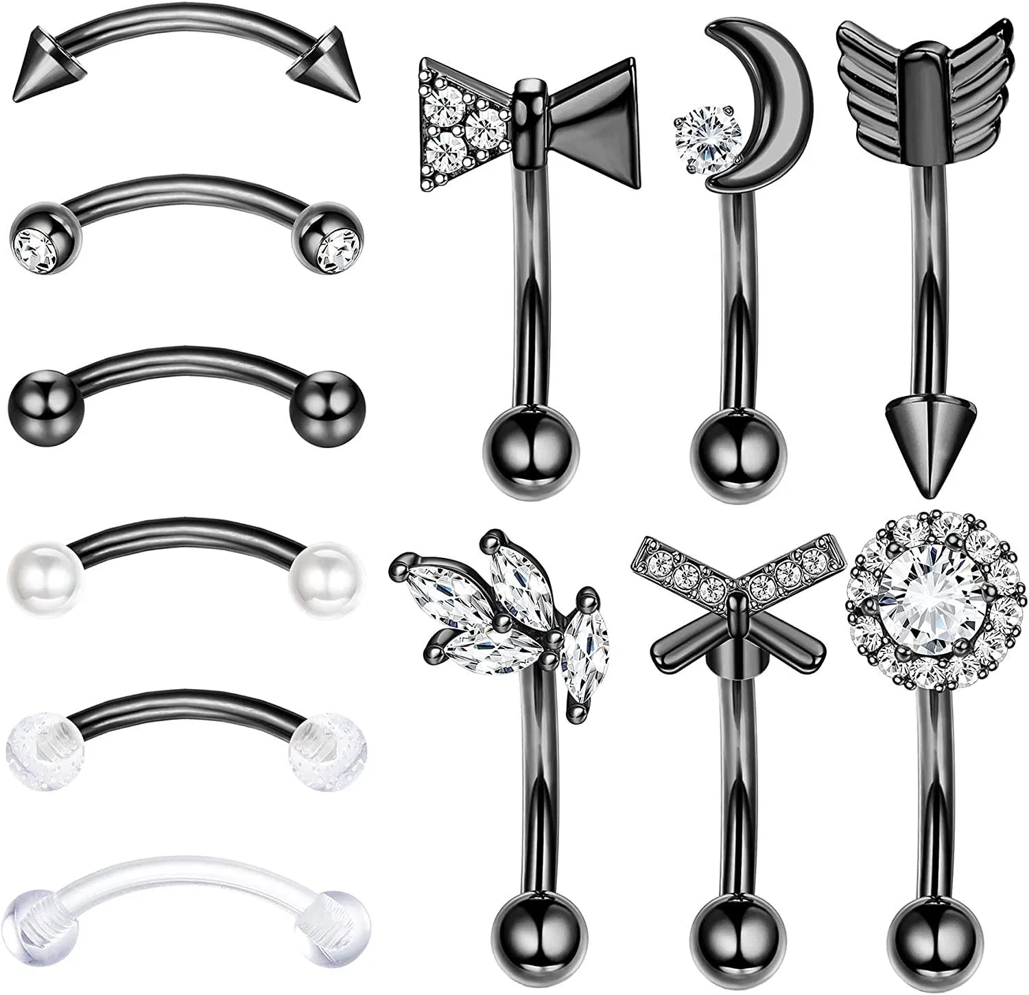 16G 12Pcs Augenbrauenringe Rook Daith Ohrring Set Lippenring Barbell Curved Ring Knorpel Tragus Ohrring Körper Piercing für Frauen Männer