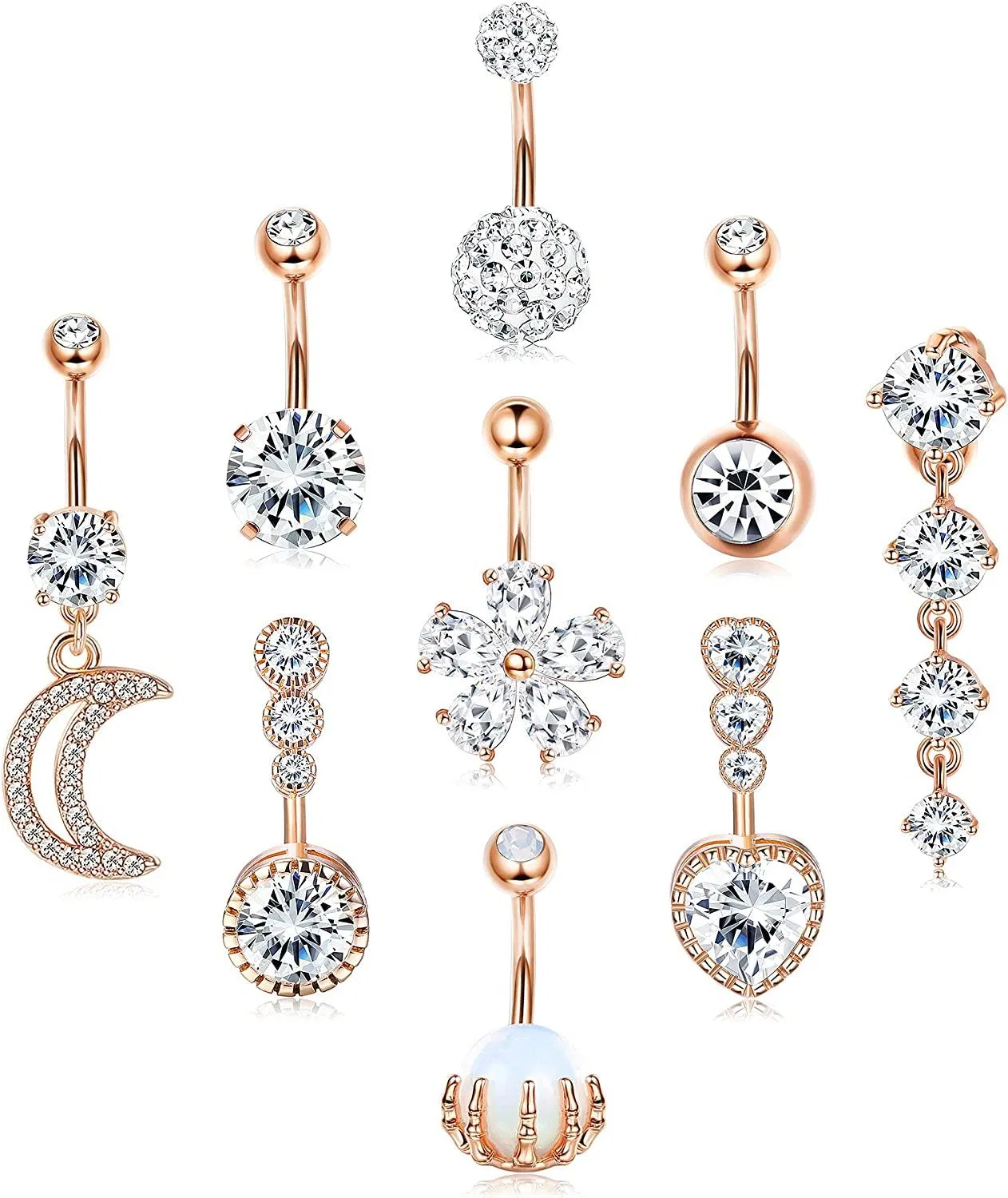 9 Stück 14G Chirurgische Bauchknopfringe für Frauen Umgekehrte gebogene Nabelringe Kubik Zirkonia Herzblume Dangle Barbell Körper Piercing Schmuck