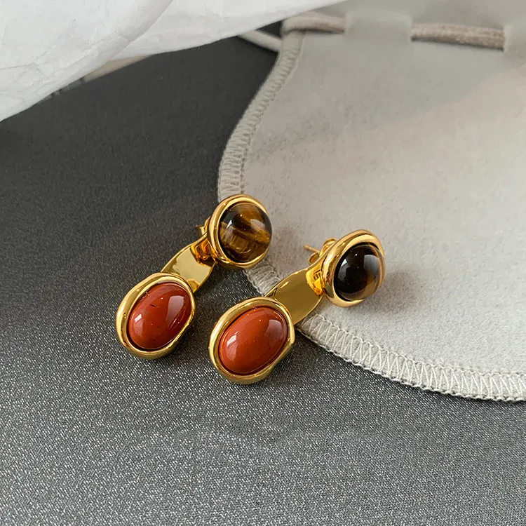 Europäische und amerikanische Farbe natürliche Tiger Eye Stone Retro Ohrringe weiblich