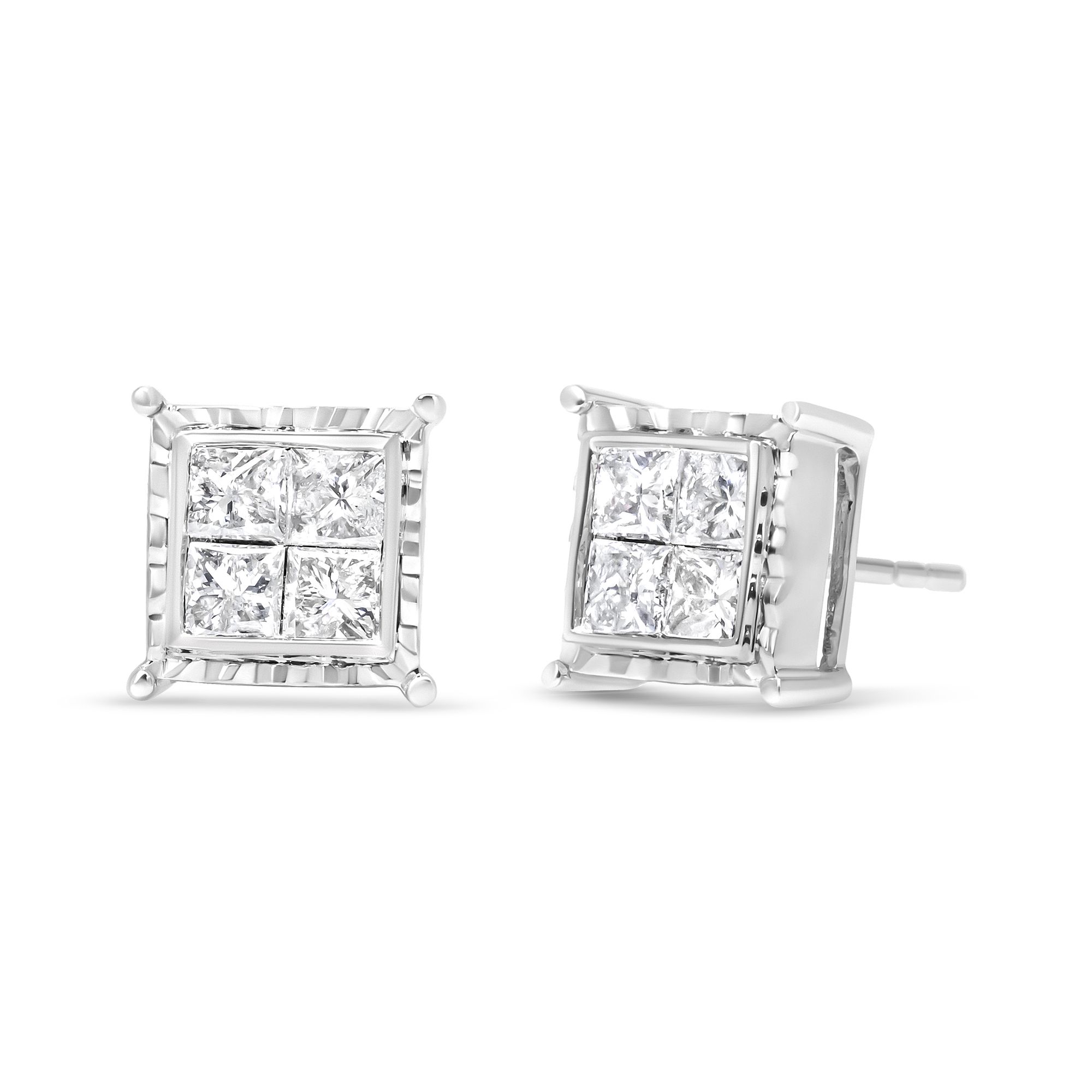 14 Karat Gold 1 1⁄2 Cttw Unsichtbarer Set Princess-Cut Diamant Contemporary Wavy Quad Stud Ohrringe (I-J Farbe, I1 - I2 Klarheit)
