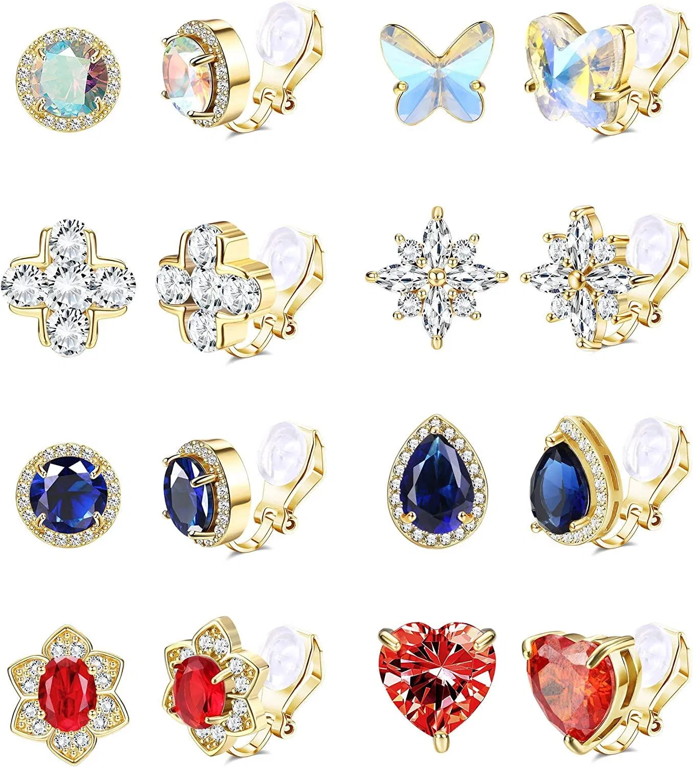 8 Paare Clip-On - Ohrringe für Frauen Mädchen mit Regenbogen-Kristall Cubic Zirkonia Eingelegte Gummi Pads Clip-On - Stud-Ohrringe Nicht durchbohrte Clip-Ohrringe