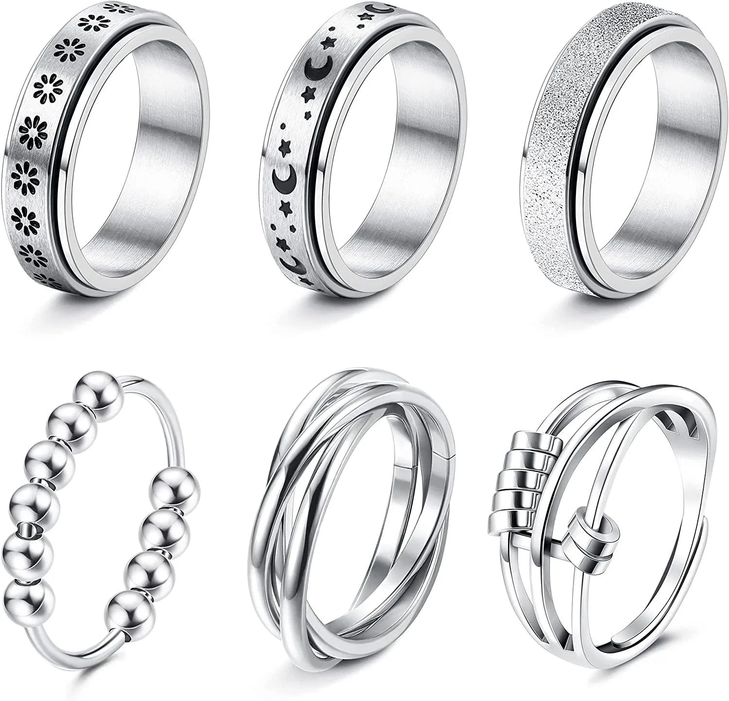 Angst Ring für Frauen Spinner Fidget Ring Edelband Spinner Ringe mit Perlen Fidget Ring für Angst Stress Entlastung Cool Mond Stern Perle Blume Spinning Figet Ringe Frauen Größe 8