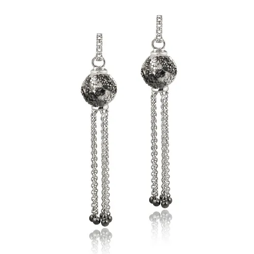 Sterling Silber Black Diamond Accent Hanging Ball Ohrringe
