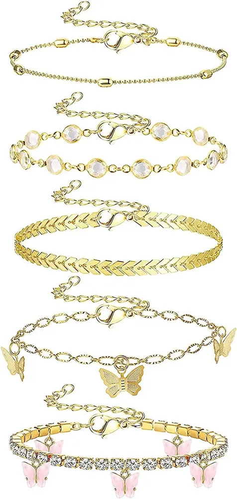 5 Stück Knöchel-Armbänder für Frauen 18K Gold beschichtete kubanische Link-Ankleber Sommer Flat Mariner Ankleber Seil / Figaro / Tennis Schmetterling Schicht verstellbare Ankleber für Frauen