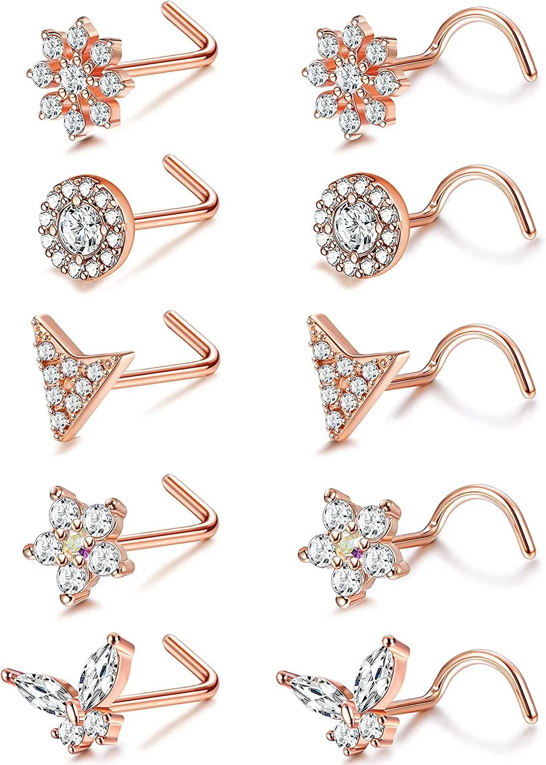 10Pcs 20G Edelstahl Nasen Ringe Stud Schmetterling L-geformte Nasen Ringe Schneeflocken Runde Nasen Stud Schraube Nasen Ringe Dreieck Blume Nasen Stud für Frauen Männer