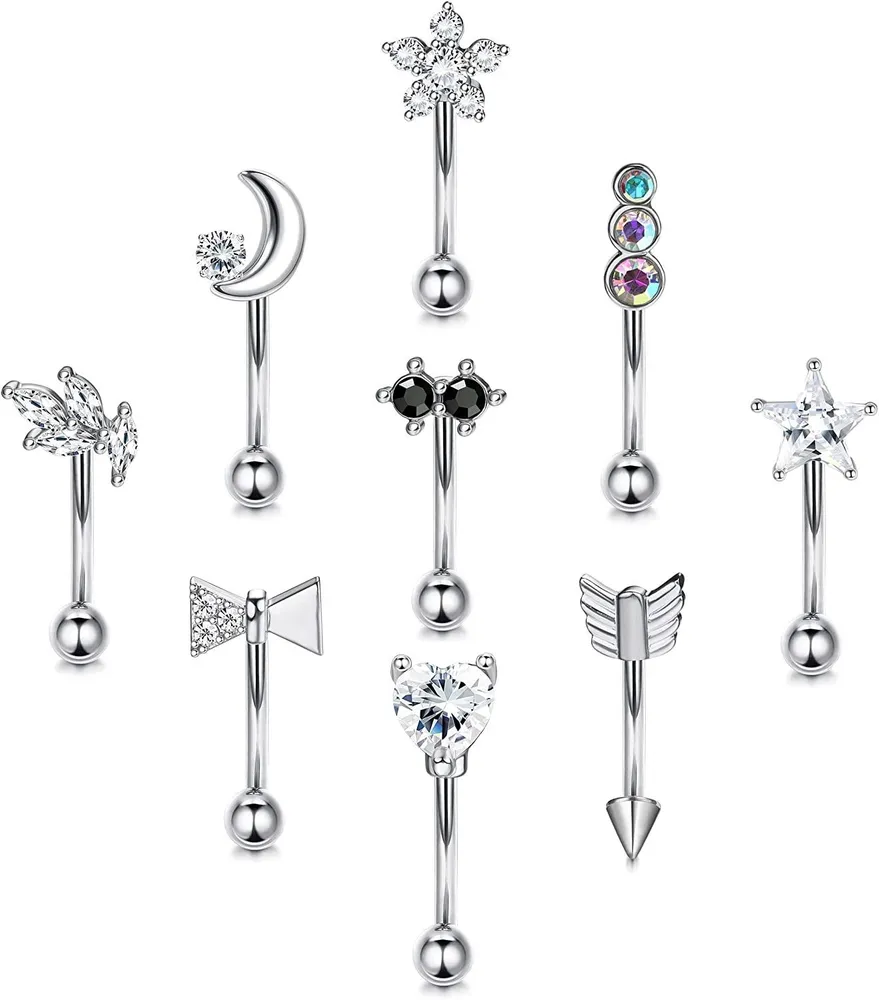 9pcs Augenbrauen Piercing Rook Daith Ohrringe Goldplated Augenbrauen Ringe für Frauen 16G Kurven Barbell Tragus Rook Piercing Eye Brow Ring 8mm Augenbrauen Schmuck
