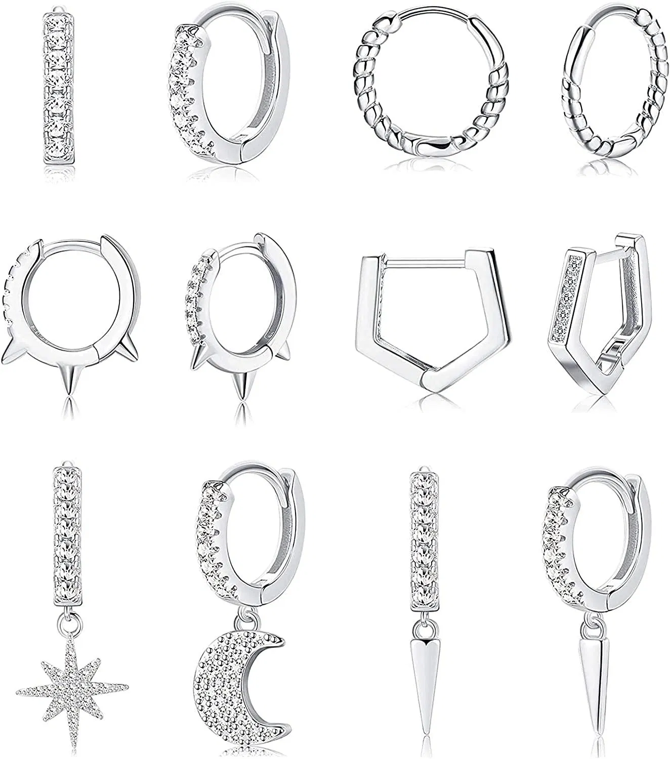 6Paars 18G Moon Star Dangle Hoop Ohrringe für Frauen Twist Cubic Zirkonia Spike Small Huggie Hoop Ohr Piercing Set