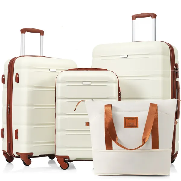 Gepäckset 4 Stück, 20 Zoll mit USB-Anschluss, erweiterbarer ABS-Laufstandsfächer mit Reisetasche, Tassenhalter, ABS Hard Shell Gepäck mit Spinnerrädern, beige und braun