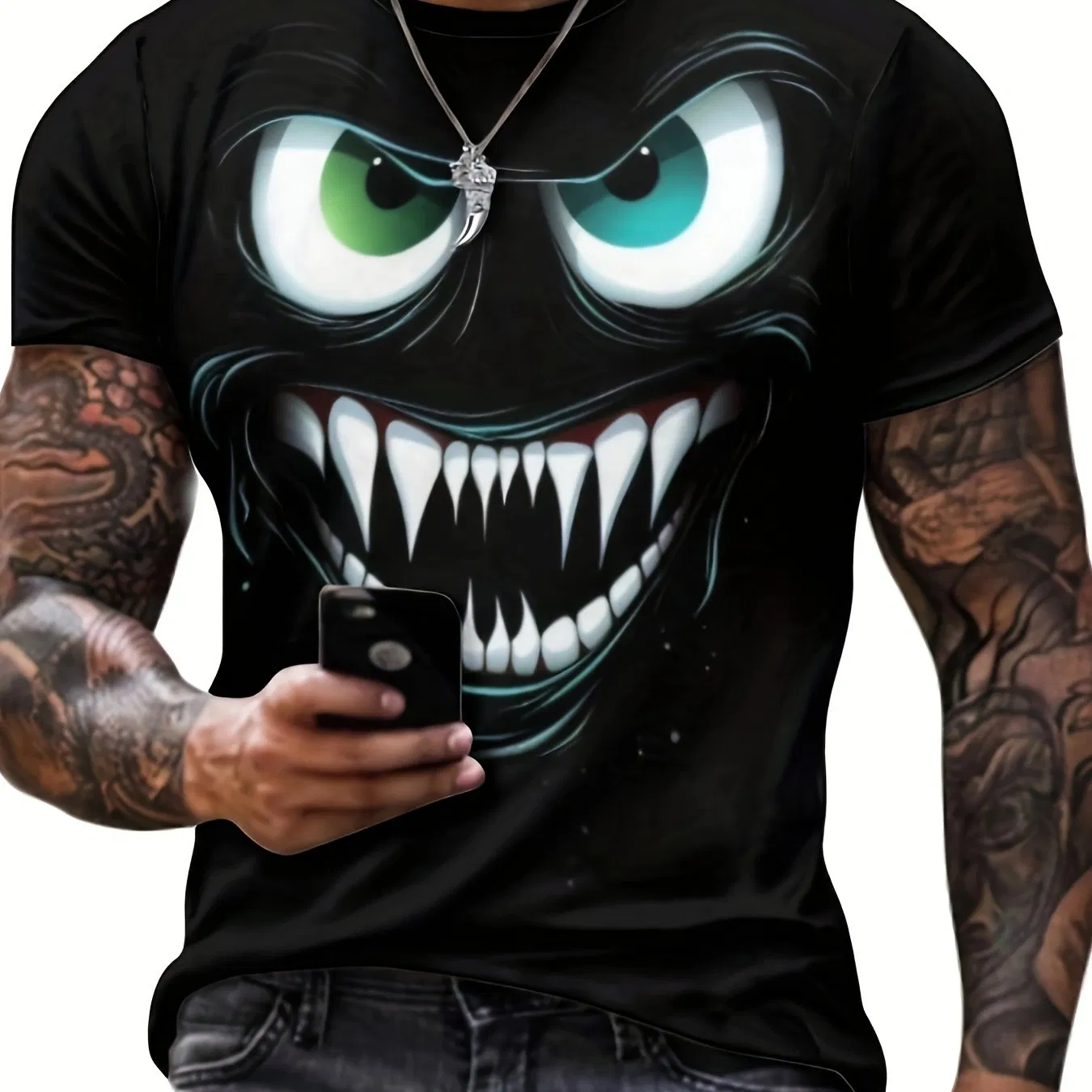Männer Roman 3D böse lächelndes Gesicht gedruckt T-Shirt, Casual und modisches T-Shirt, Street-Stil Kurzärme Round Neck Shirt