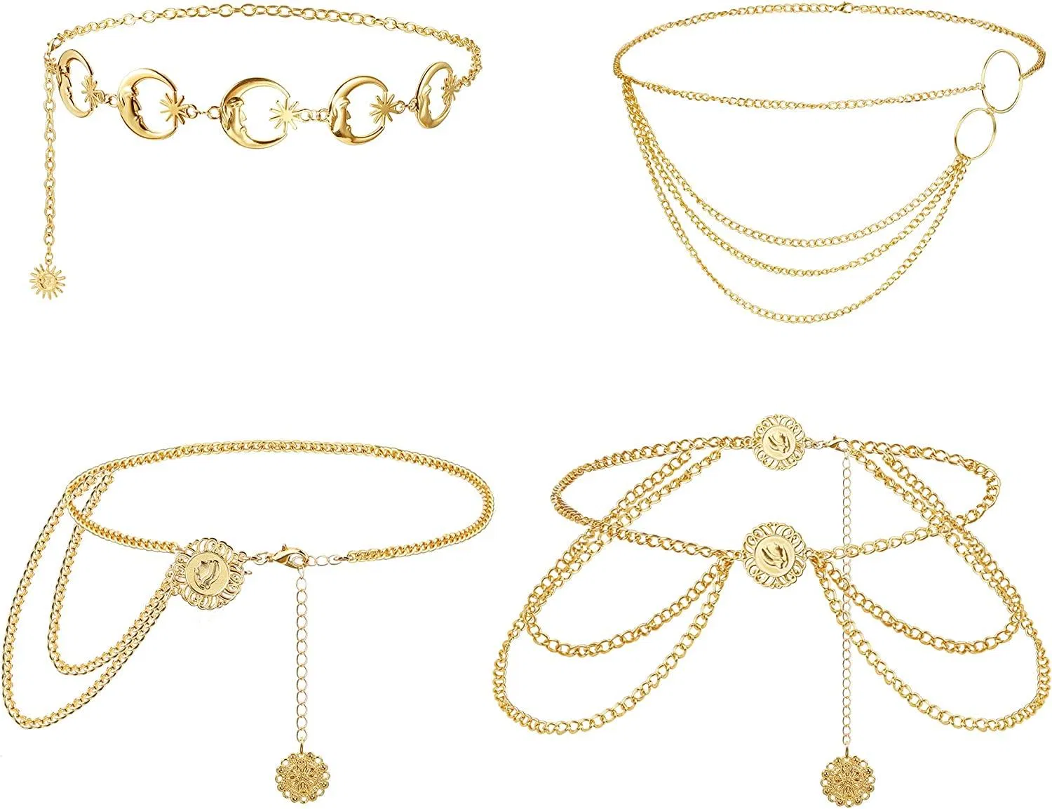 4pcs Taillenkette für Frauen Multilayer Bauch Metallketten Mond Sonne Münze Anhänger für Strand Bikini Jeans Kleid sexy Körperketten Gürtel einstellbar