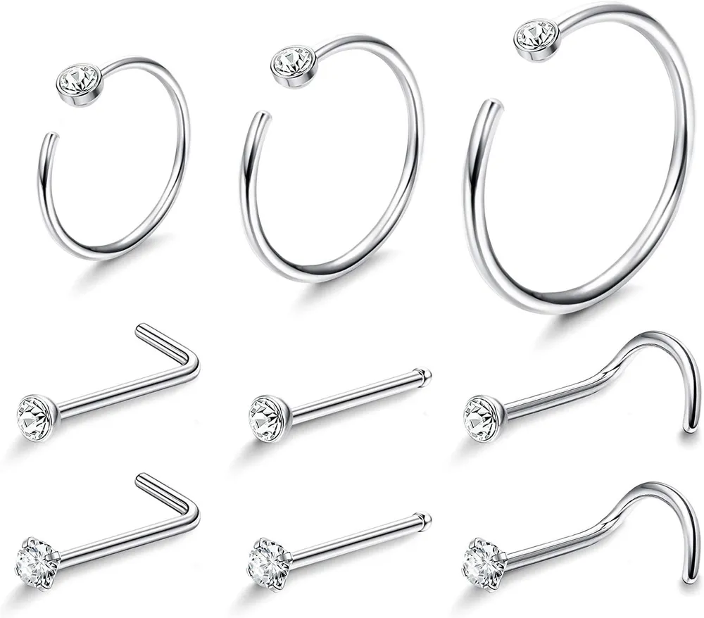 22G 9Pcs kleine Nasenringe Krümmel Kristalle aus Österreich Edelstahl L-förmige Korkschraube Nasenringe Helix Piercings Hoop Body Set Knorpel Ohrringe Hoop Tragus