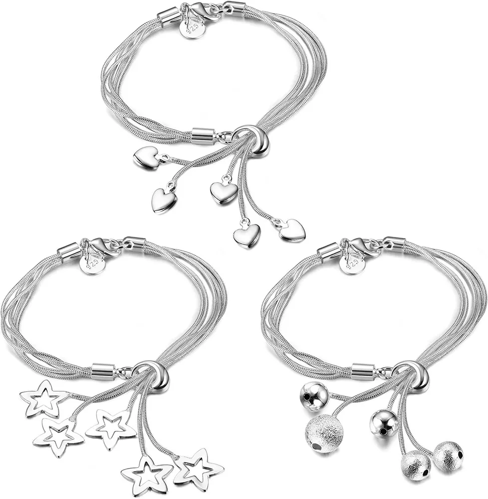3Pcs 925 Silber Plated Armbänder Herz Charme Handgelenk Armbänder Für Frauen Perlen Mode Kette Armbänder