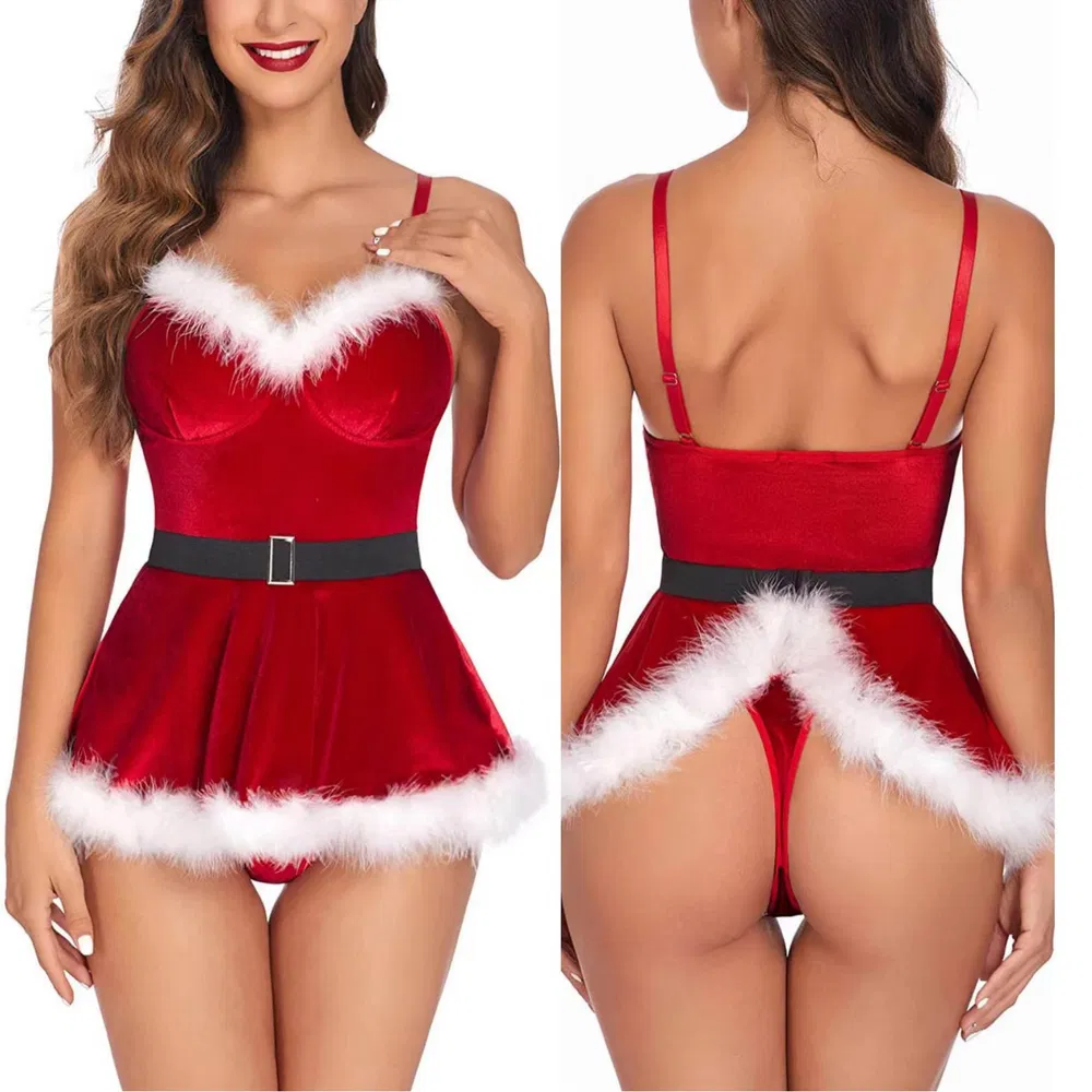 Frauen Weihnachten Lingerie Rot Santa Babydolls Hemden Set