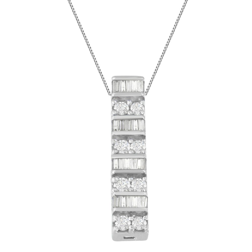 14K Weißgold Round and Baguette Cut Diamant Pendant Kette (5 / 8 cttw, H-I Farbe, I1 - I2 Klarheit)