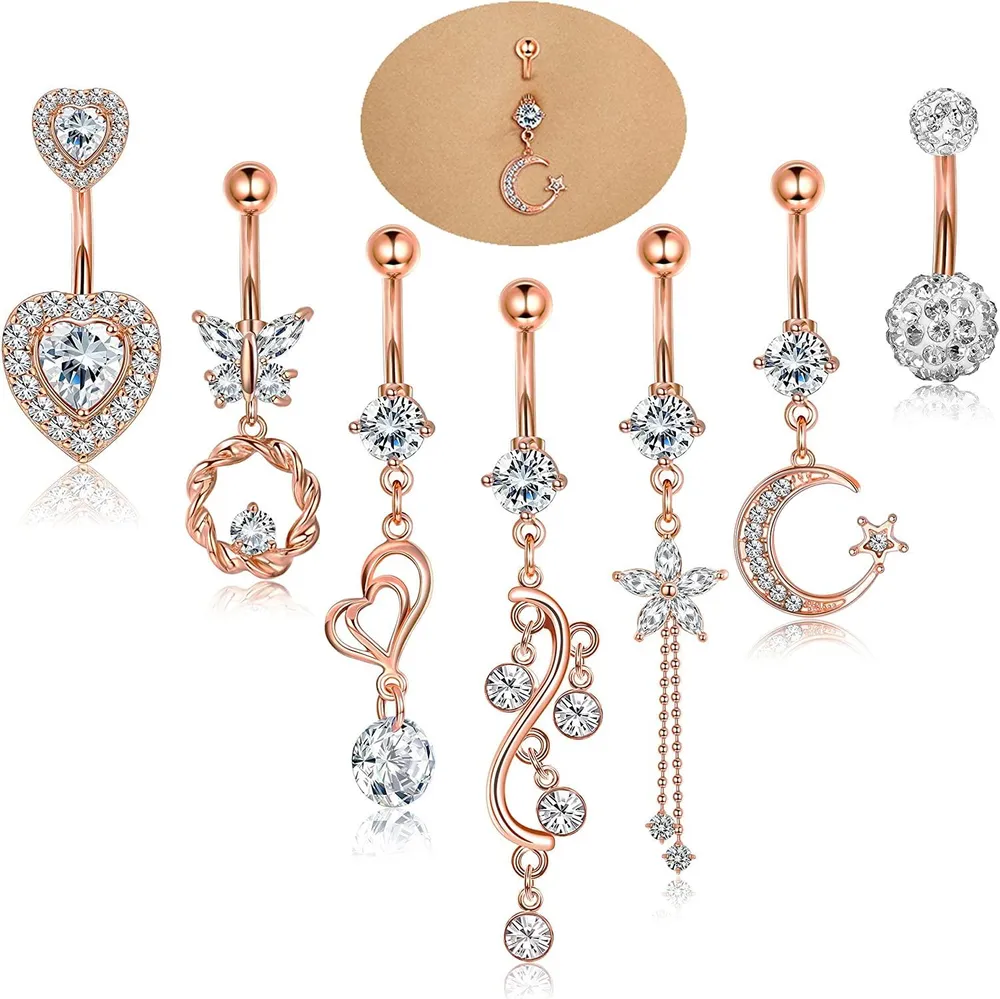 14G Bauchknopfringe Dangle für Frauen Edelstahl Schmetterlingsblume Stern Mond funkelte Clear CZ Dangle Nabelringe Körper Piercing 7Pcs