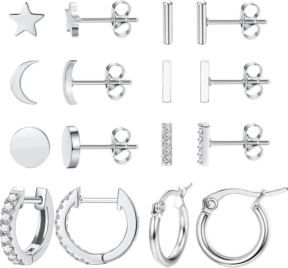 8 Paare Rostless Star Moon Stud Ohrringe für Frauen Cute Bar CZ Stud Hoop Ohrring Set