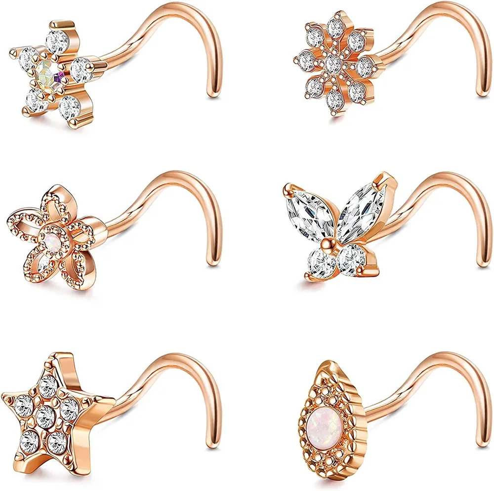 6 PCS 20G Edelstahl-Nase Ring Stud L-Form - Nasenringe Kubische Zirkonia Schmetterlings-Nase - Schrauben Ringe Blumen-Nase - Piercing-Ring